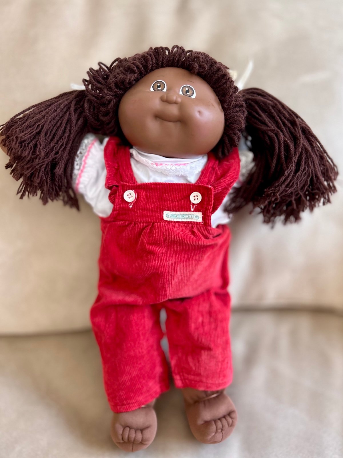 Vintage Cabbage Patch Kids African American Girl Doll Red Overalls Pigtails 16”