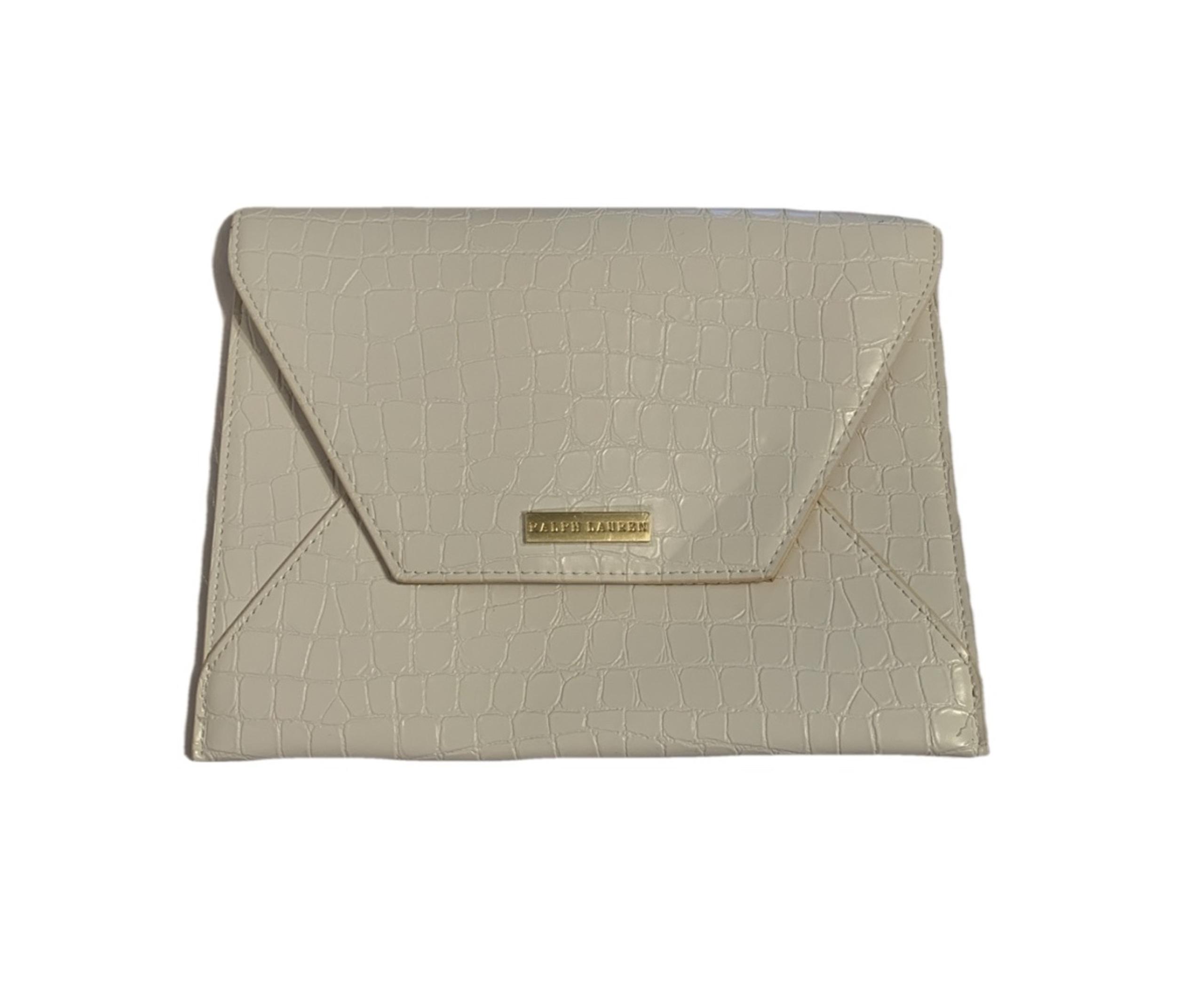Ralph Lauren White Crocodile Envelope Large Pouch Clutch Bag