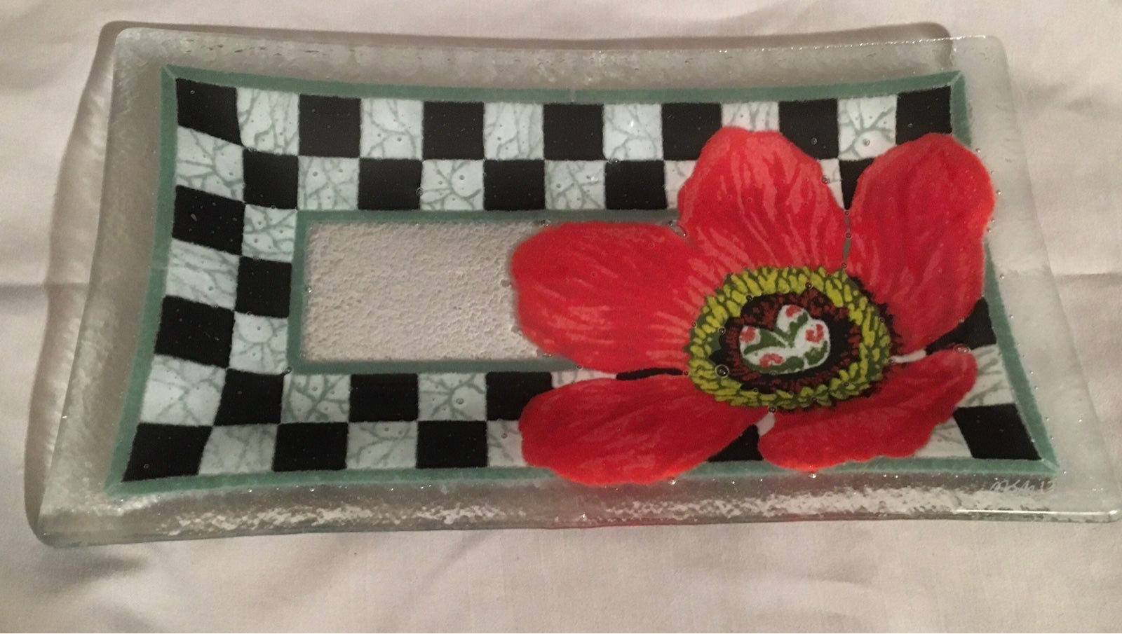 RARE Peggy Karr Fused Glass Checkerboard & Poppy Platter