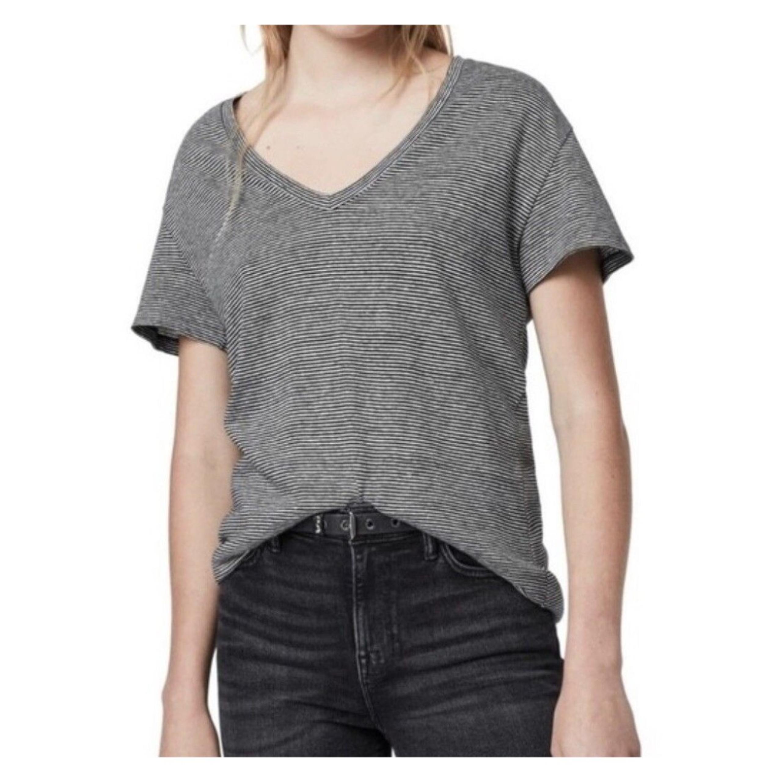 AllSaints Mia Lin Striped Linen Blend T-Shirt BlackWhite Short Sleeve Medium