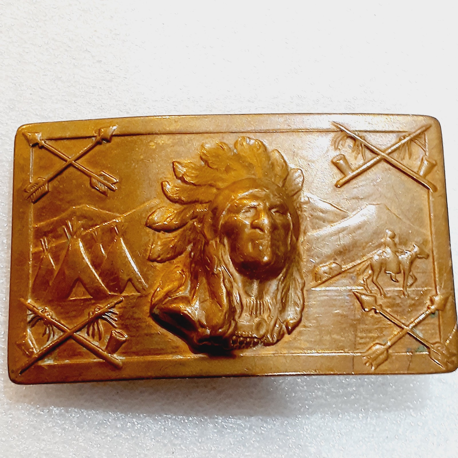 Vtg Brass Native American Chief Belt Buckle
