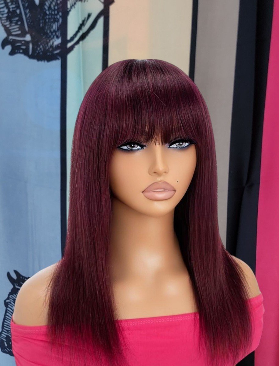 Sexy wowfactor Burgundy wine red 100 percent human hair straight bang wig
