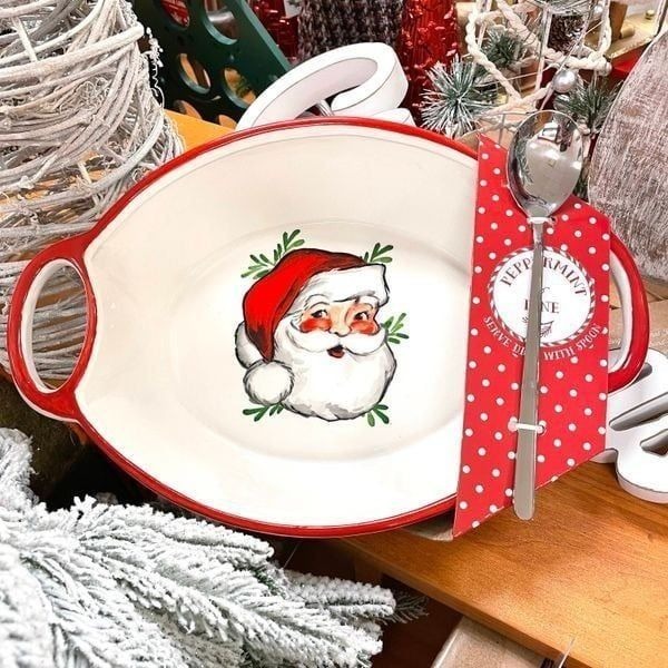 NWT Peppermint & Pine Ceramic White Red Christmas Santa Serve Dish Platter Spoon