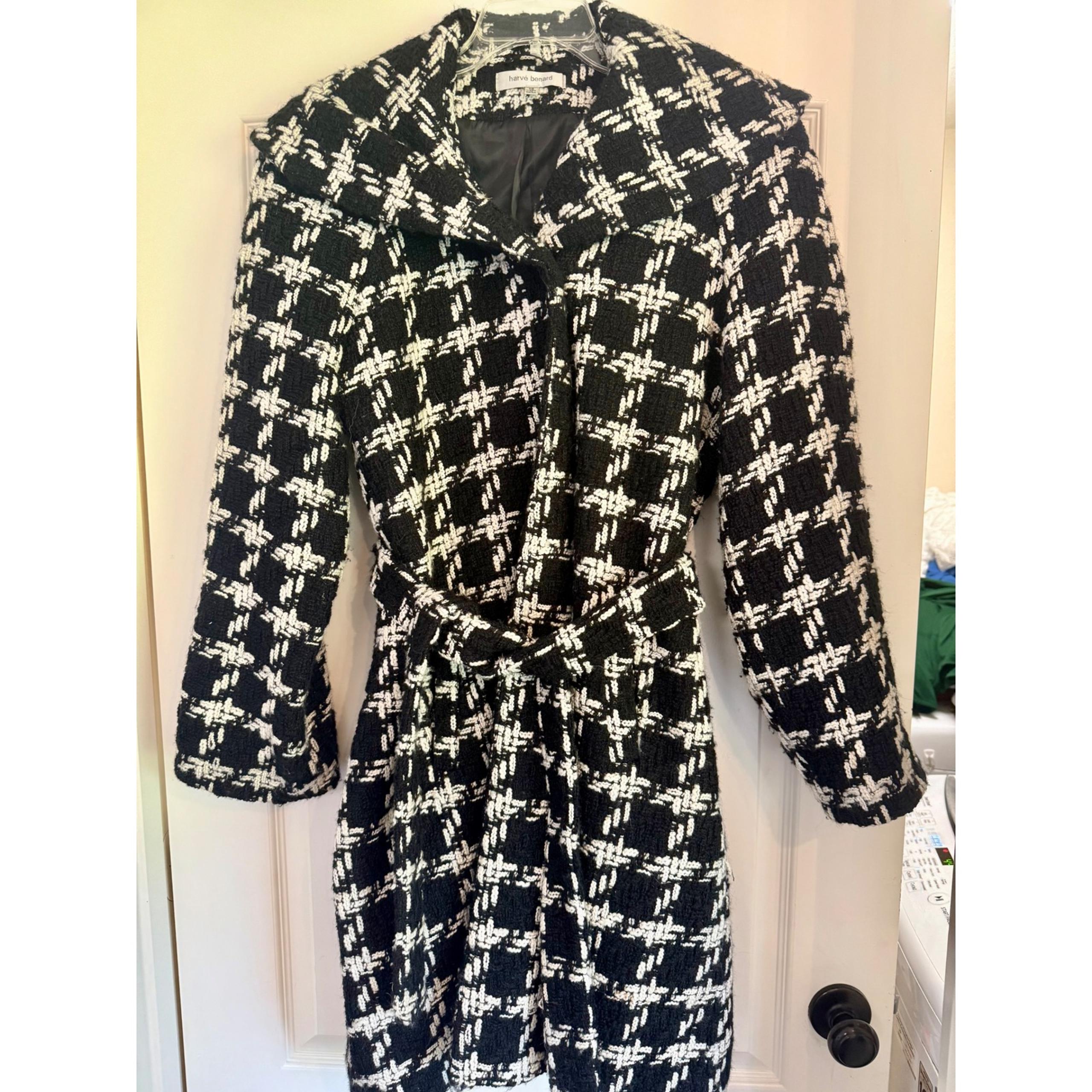 Harvé Benard Black White Tweed Belted Coat Jacket Size 16 - Harve Benard