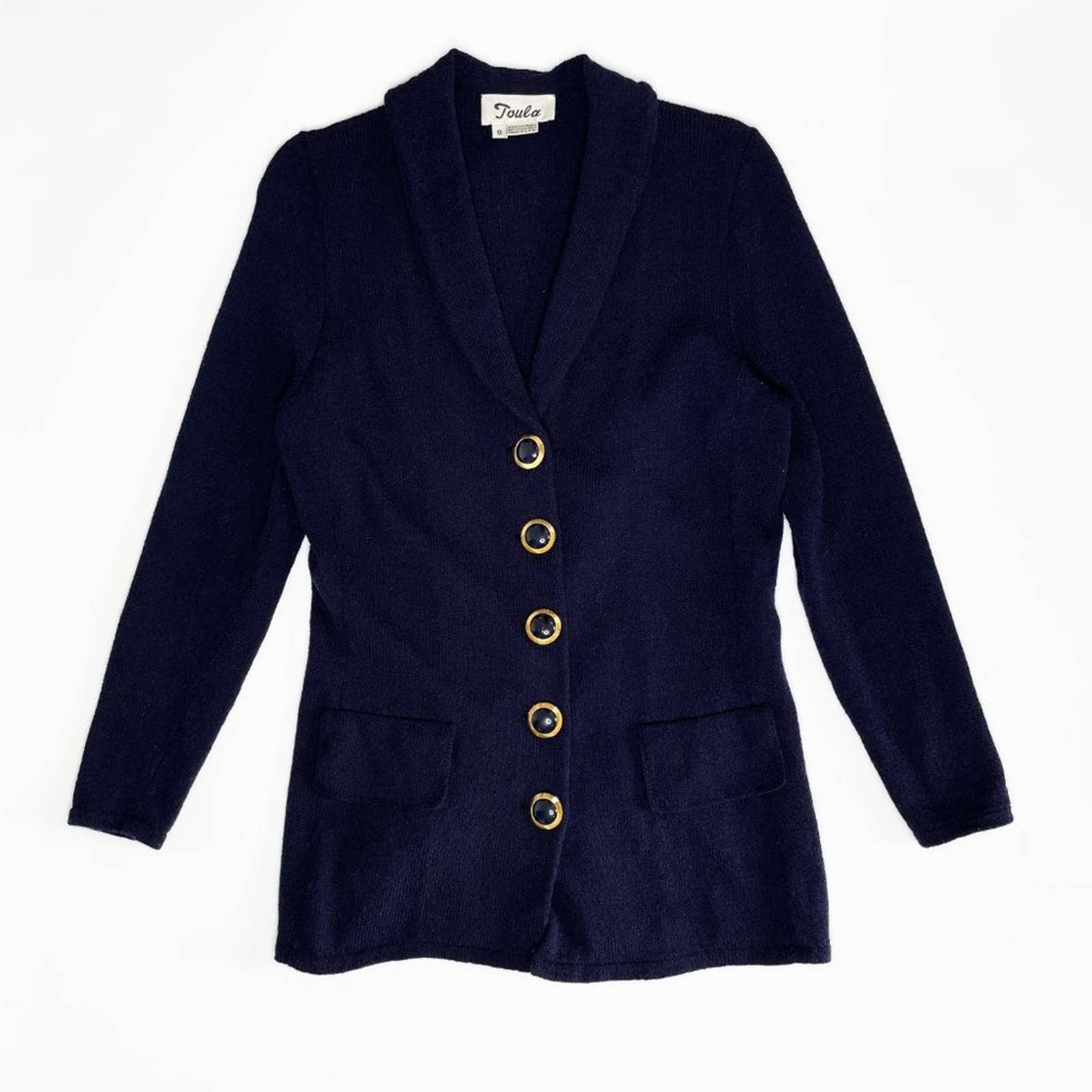 Vintage Toula Navy Gold shops Oversized Button Down Knit Grandpa Cardigan Sweater 8