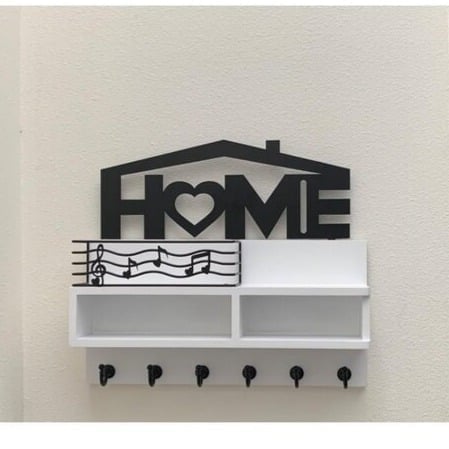 New Wooden Key Holder Wall Mount with Shelf & Hooks, Mail Organizer Rack (White)