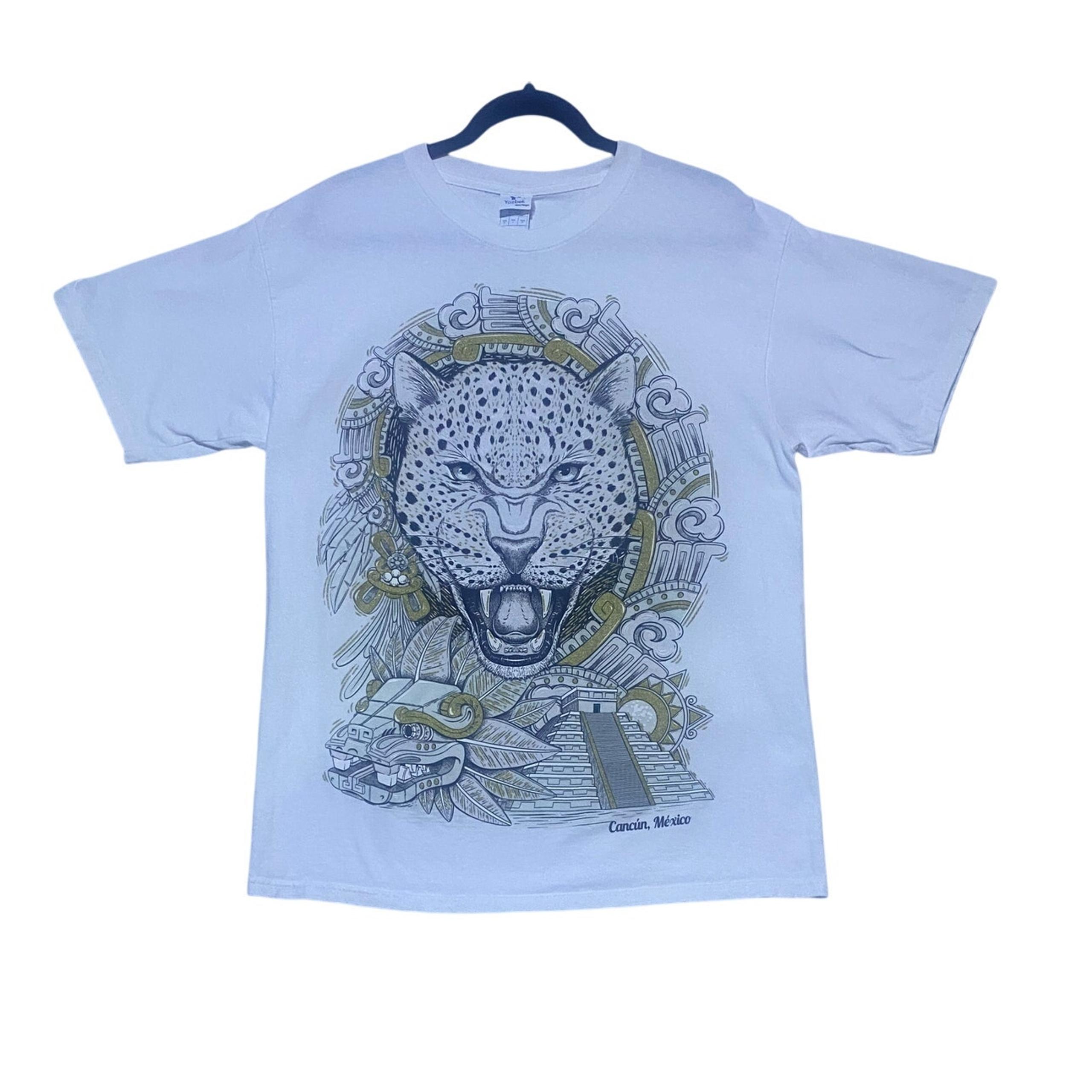 Cancun Mexico Jaguar Graphic T-Shirt Men's Size Large White Short Sleeve
