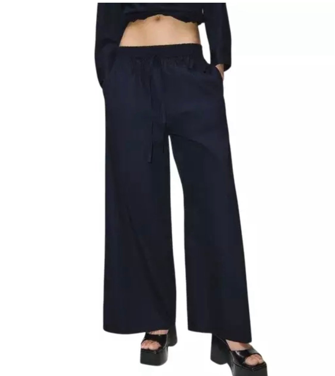 ZARA WOMAN MID-RISE WIDE-LEG POPLIN TROUSERS PANT Black size small
