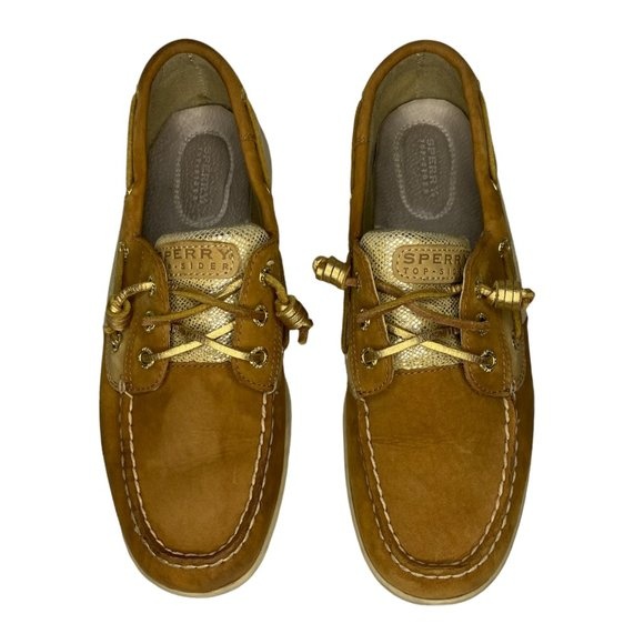 SPERRY Women's Top Sider Gold Glitter Boat Shoes Size 8.5W w/ Cleaning Solution
