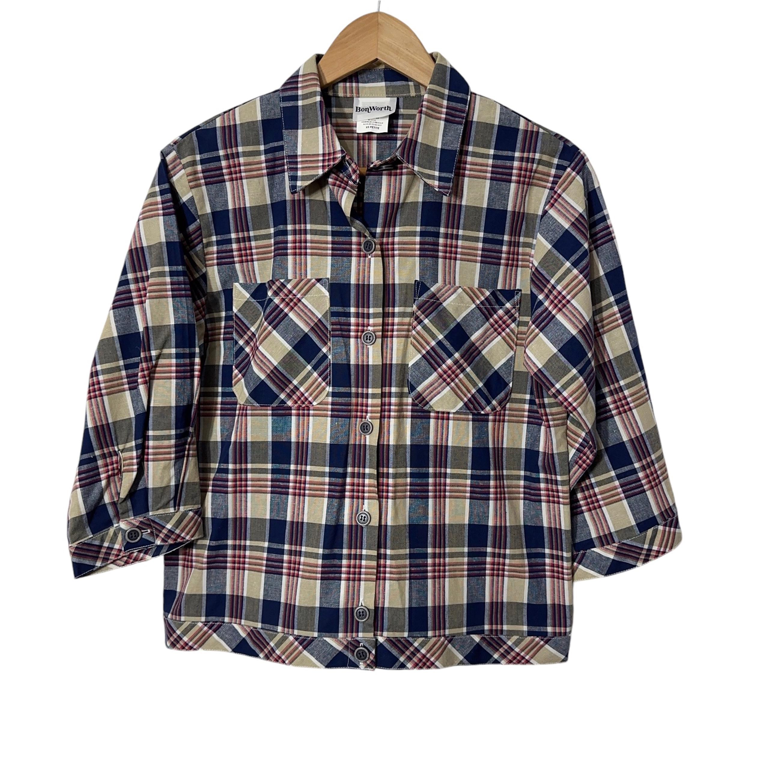 Bon Worth Womens Linen Blend Plaid Button Down Shirt  Size Petite XS