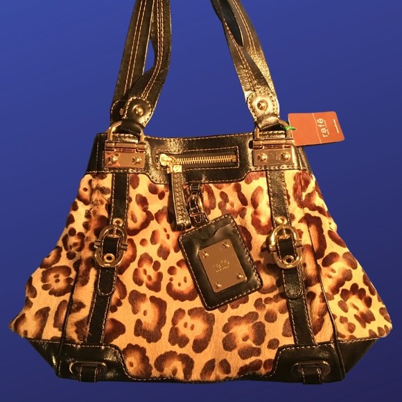 RAFE NEW YORK Satchel Handbag, Leather Trim, Black/Gold Jaguar/LeopardPrint, NWT