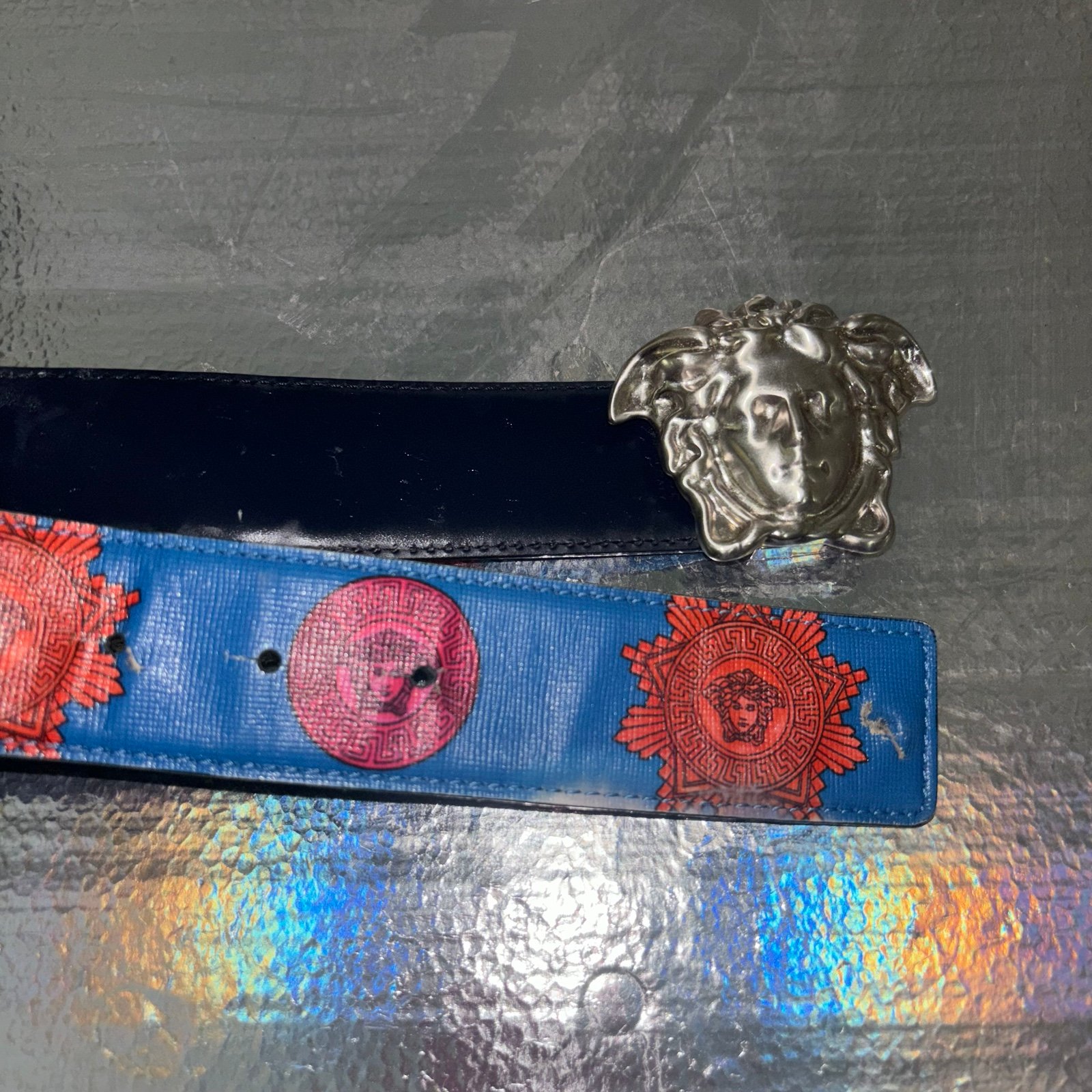 Versace Blue Belt Hibiscus Medusa Print & Head - Reversible -silver Buckl
