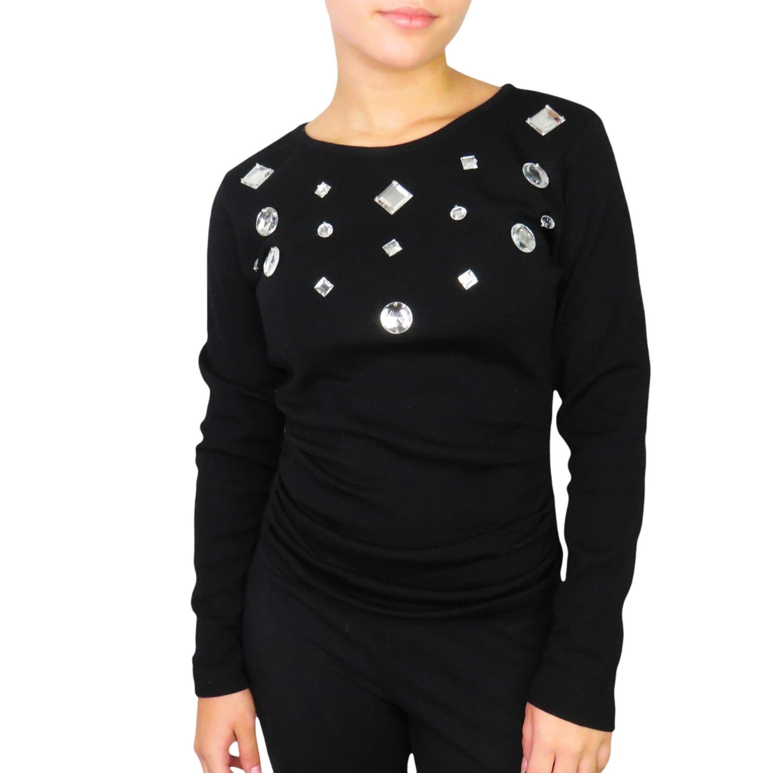 Andrea Jovine 1990s Black Wool Chunky Rhinestone Bling Crewneck Knit Sweater XS