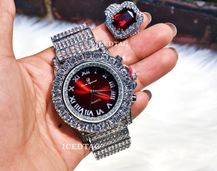 Full Iced Out Watch, Ruby Red Ring Set