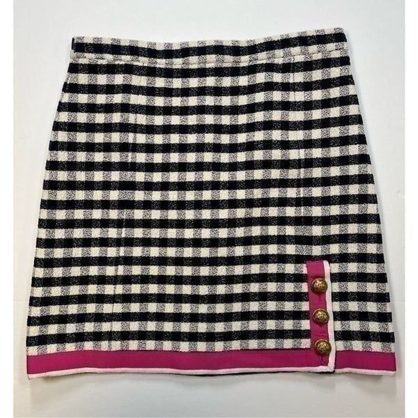 J. Crew Button Front Mini Skirt in Gingham Terry Tweed Blue Hot Pink Size 8 EUC!