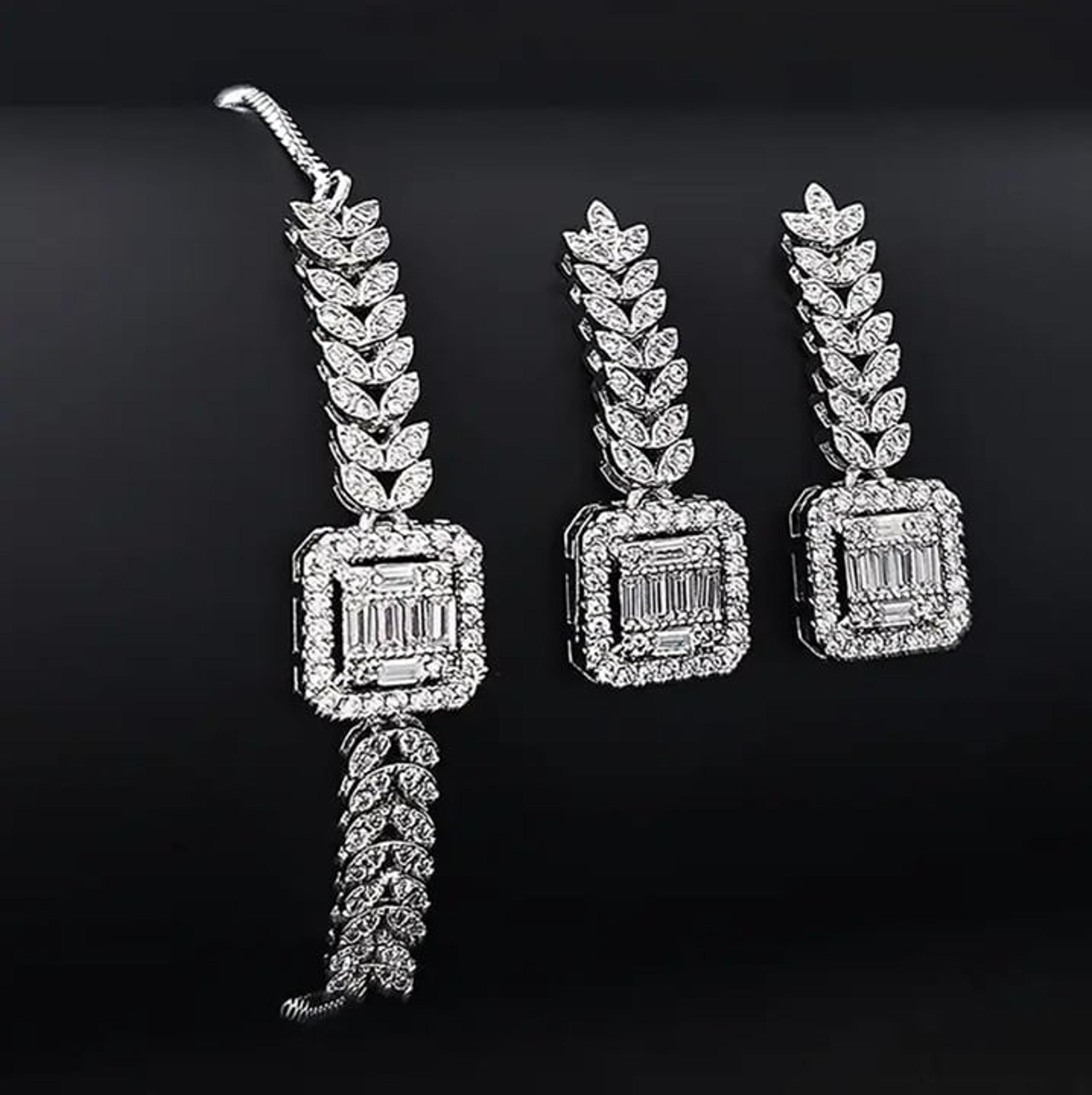 Sterling Silver Square Diamond Inlaid Pendant Bracelet And Earring Set