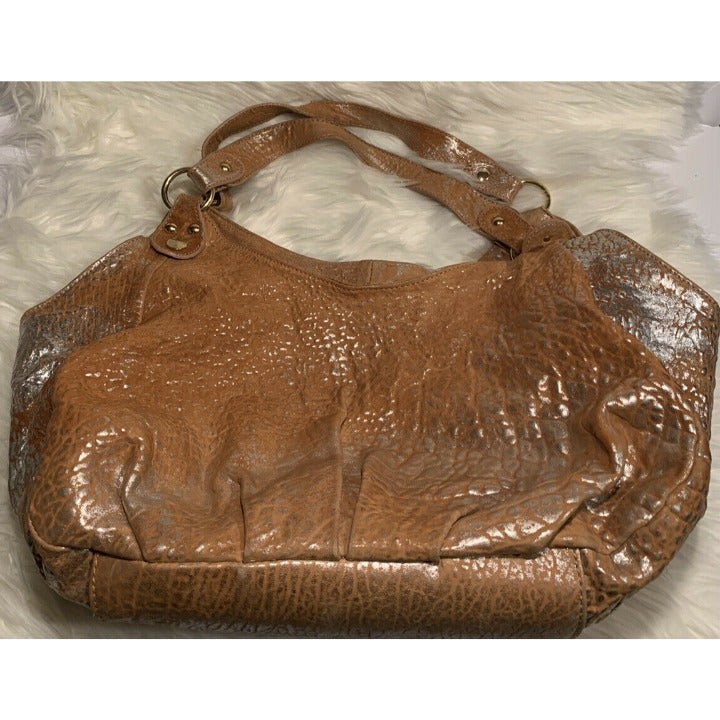 CYNTHIA ROWLEY Large Tan & Silver Splash Hobo Pebbled Leather Purse