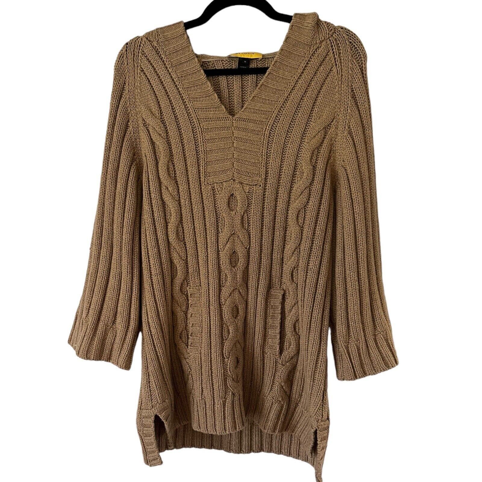 St. John Tan Brown Wool Blend Chunky Cable Knit Hooded Pullover Sweater Medium
