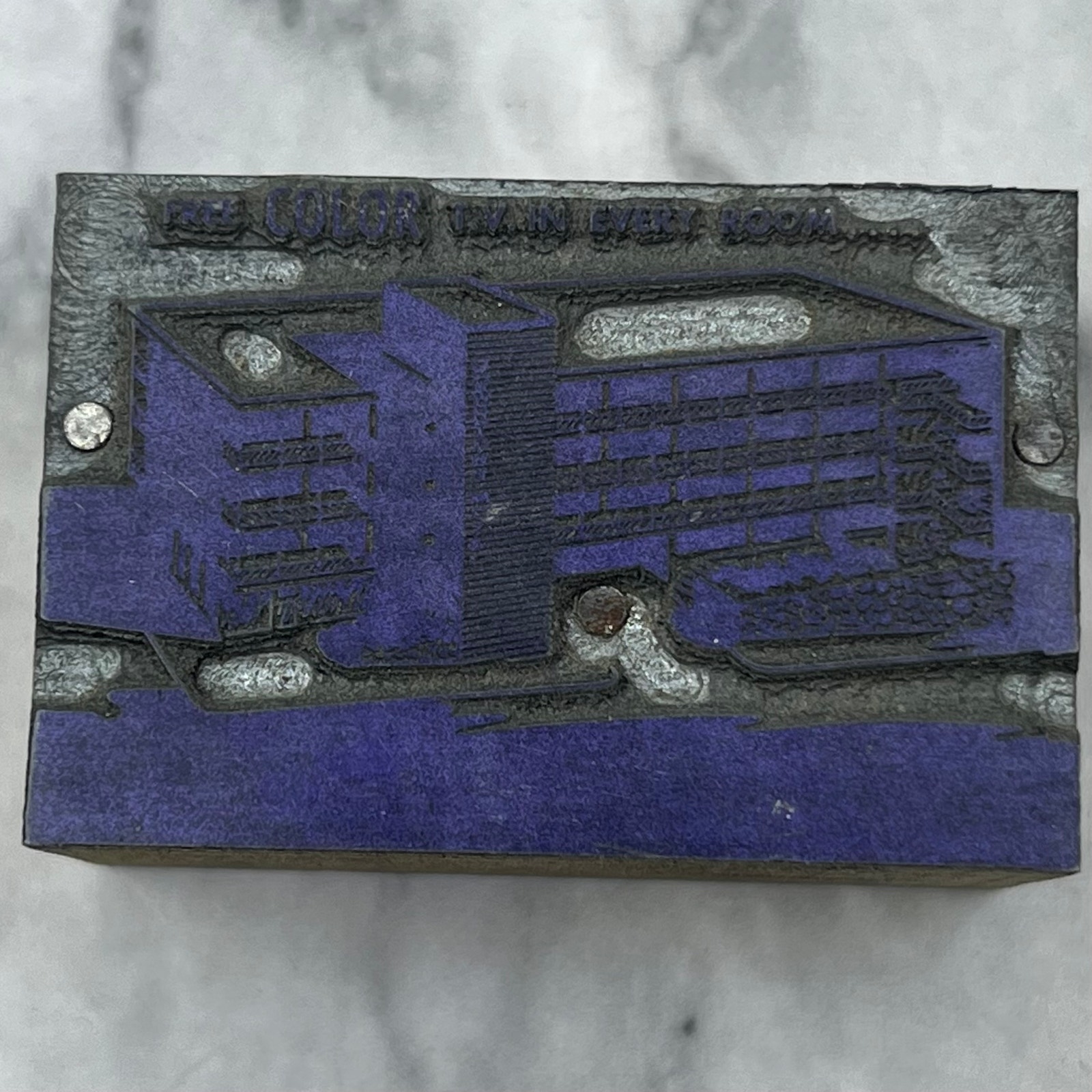 Vtg Letterpress Printers Block Plate Hotel Free Color T.V. in Every Room TJ51