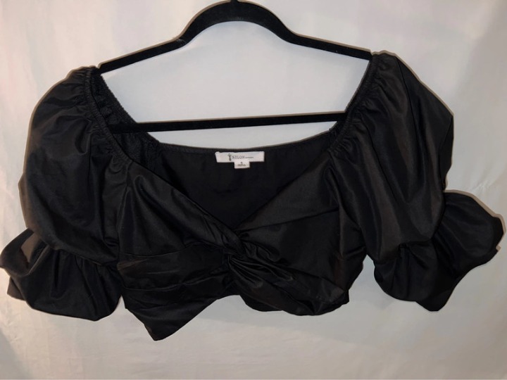 Ladies Womens Small Nylon Apparel black half puffy sleeve cute crop top
