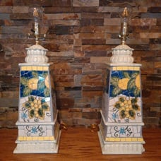 Vintage Handcrafted Ceramic Mosaic Cracked Tile Lemon Table Lamps Pair - Working