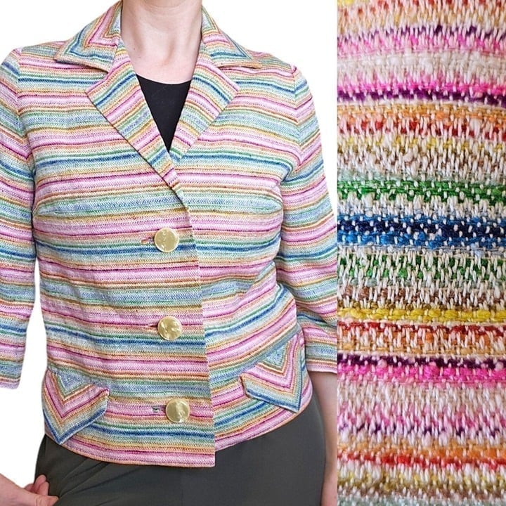 Vintage 60s 70s Rainbow Striped Blazer Jacket Small Big Buttons Colorful Pink