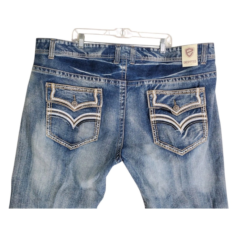 Encrypted Blue Jeans Mens 48 Big Altered Distressed Wide Leg (49x30.25)