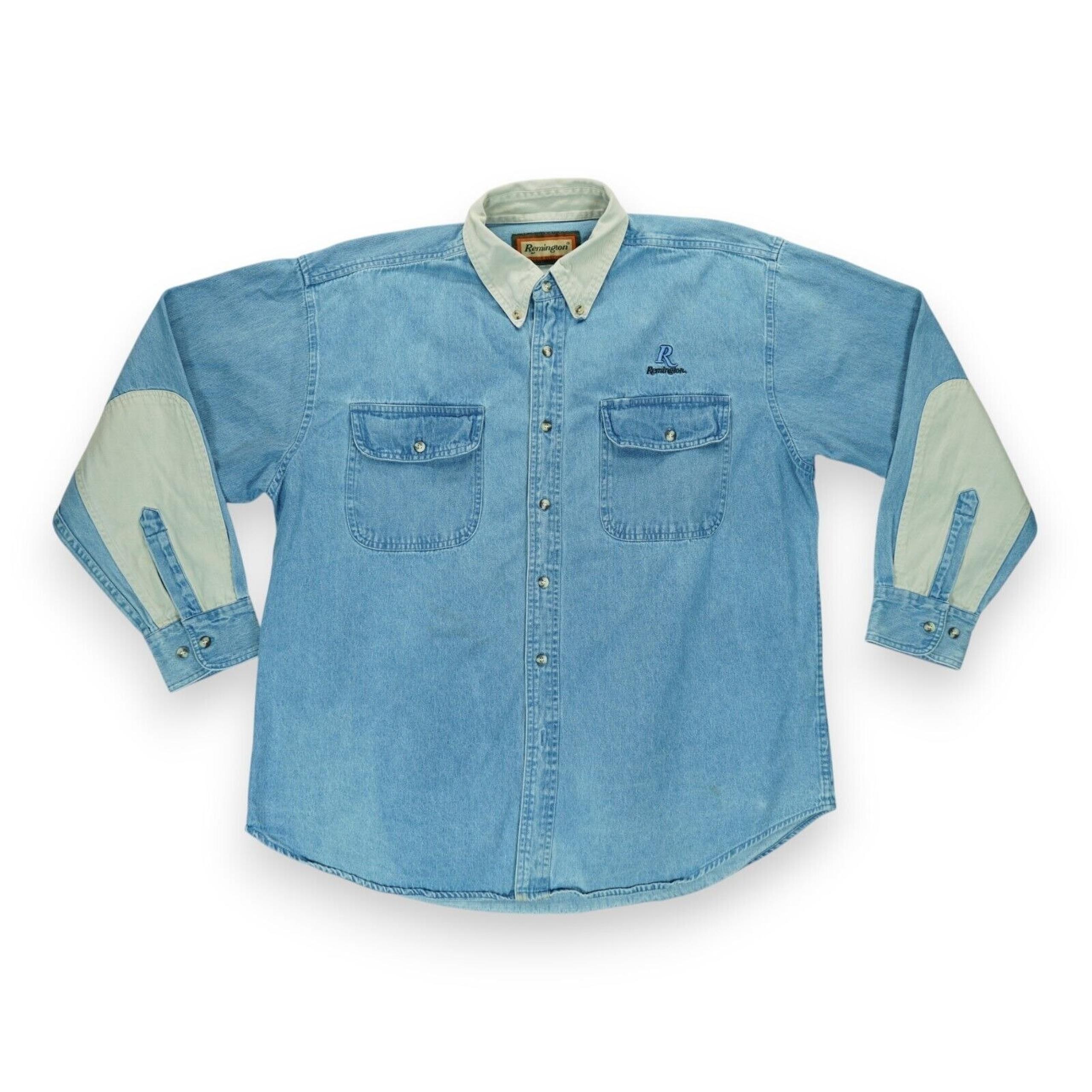 VINTAGE Remington Denim Jean Hunting Shirt Mens Blue ~ Armpit to Armpit 27"