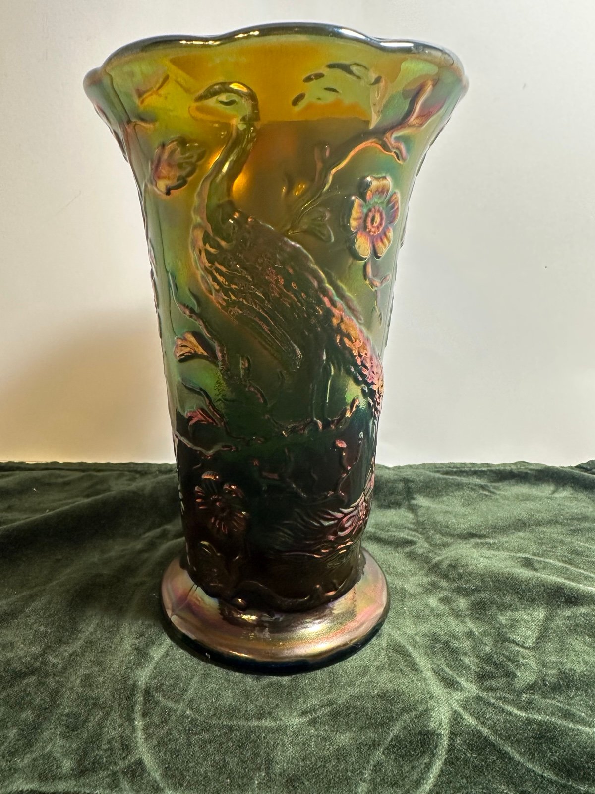 Fenton Carnival Glass Iridescent Peacock Vase