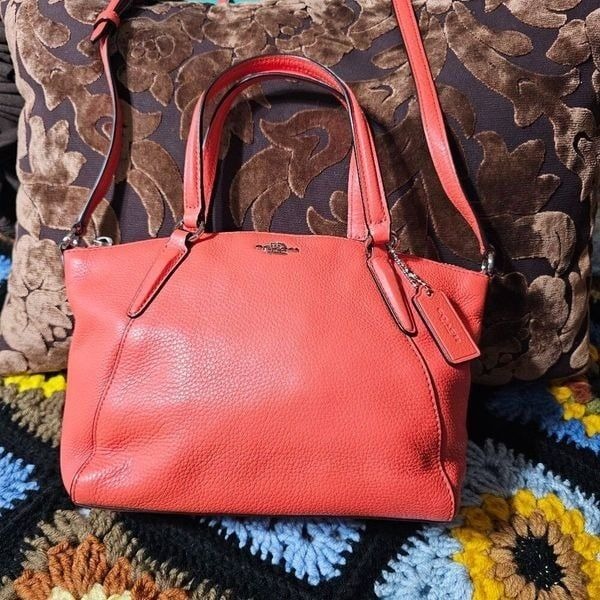 Coach Mini Kelsey Satchel Purse in Coral Pebbled Leather Crossbody Bag