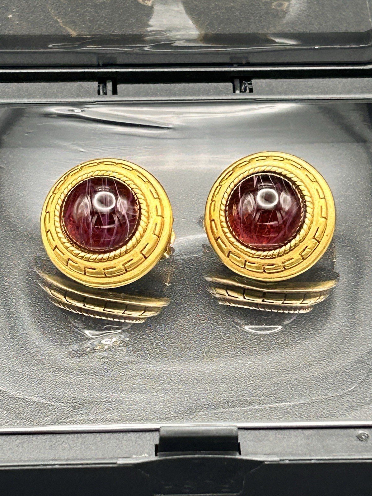 Rare Oscar de la Renta Earrings Greek Key Deep Garnet Art Glass Gold Tone