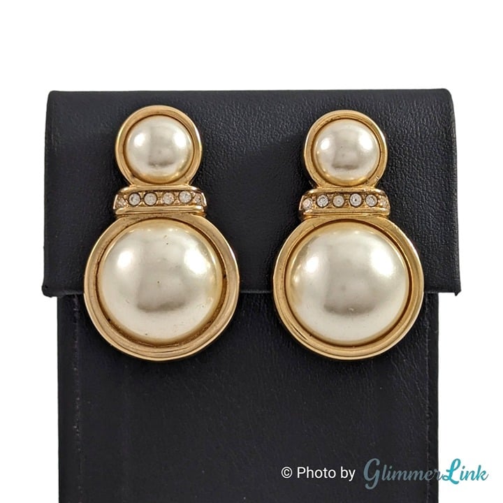 Vintage SAL Swarovski Two Tier Faux Pearl Gold Tone Drop Clip On Earrings