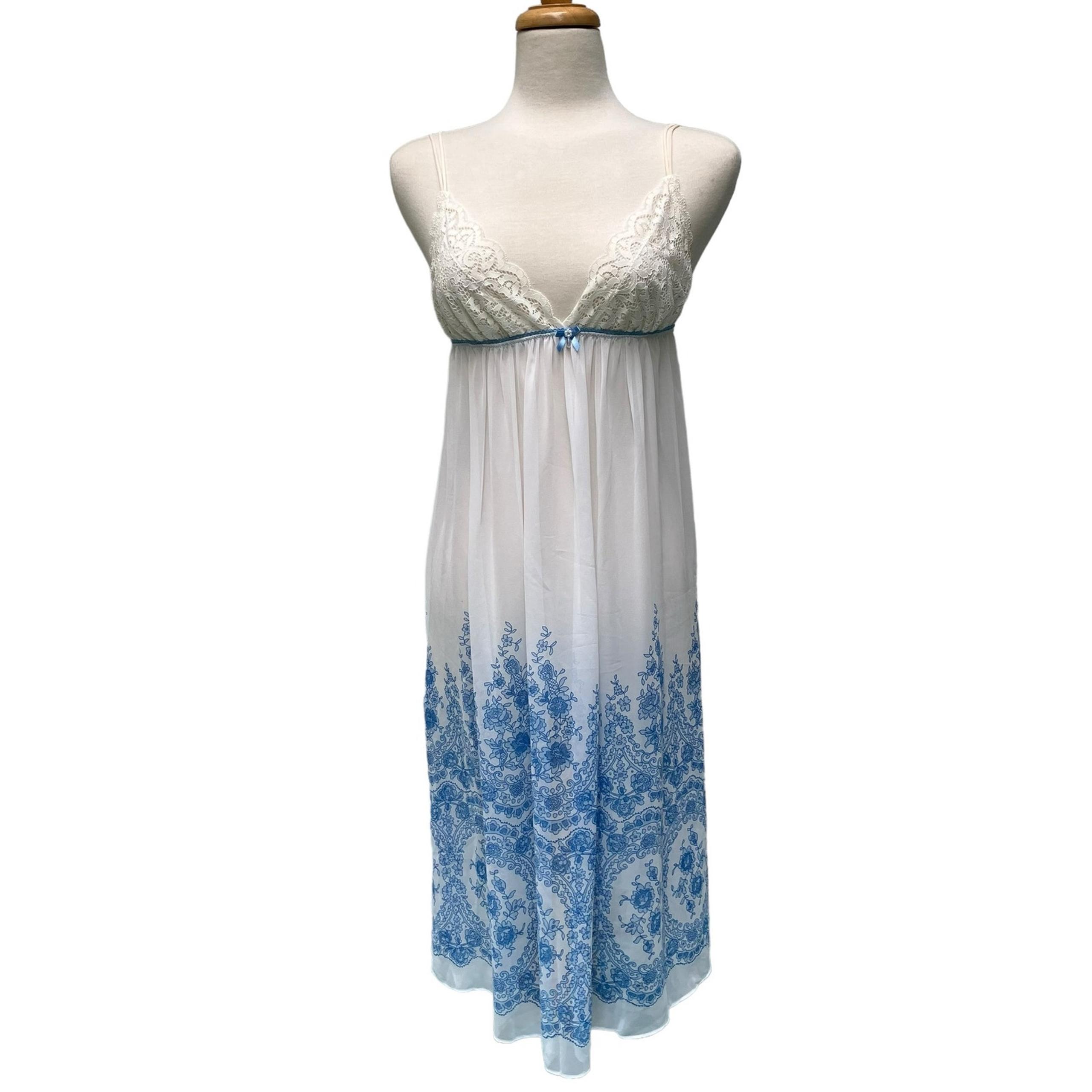 In Bloom by Jonquil Nightgown Chemise Sz M Sheer Blue Floral Boudoir Coquette