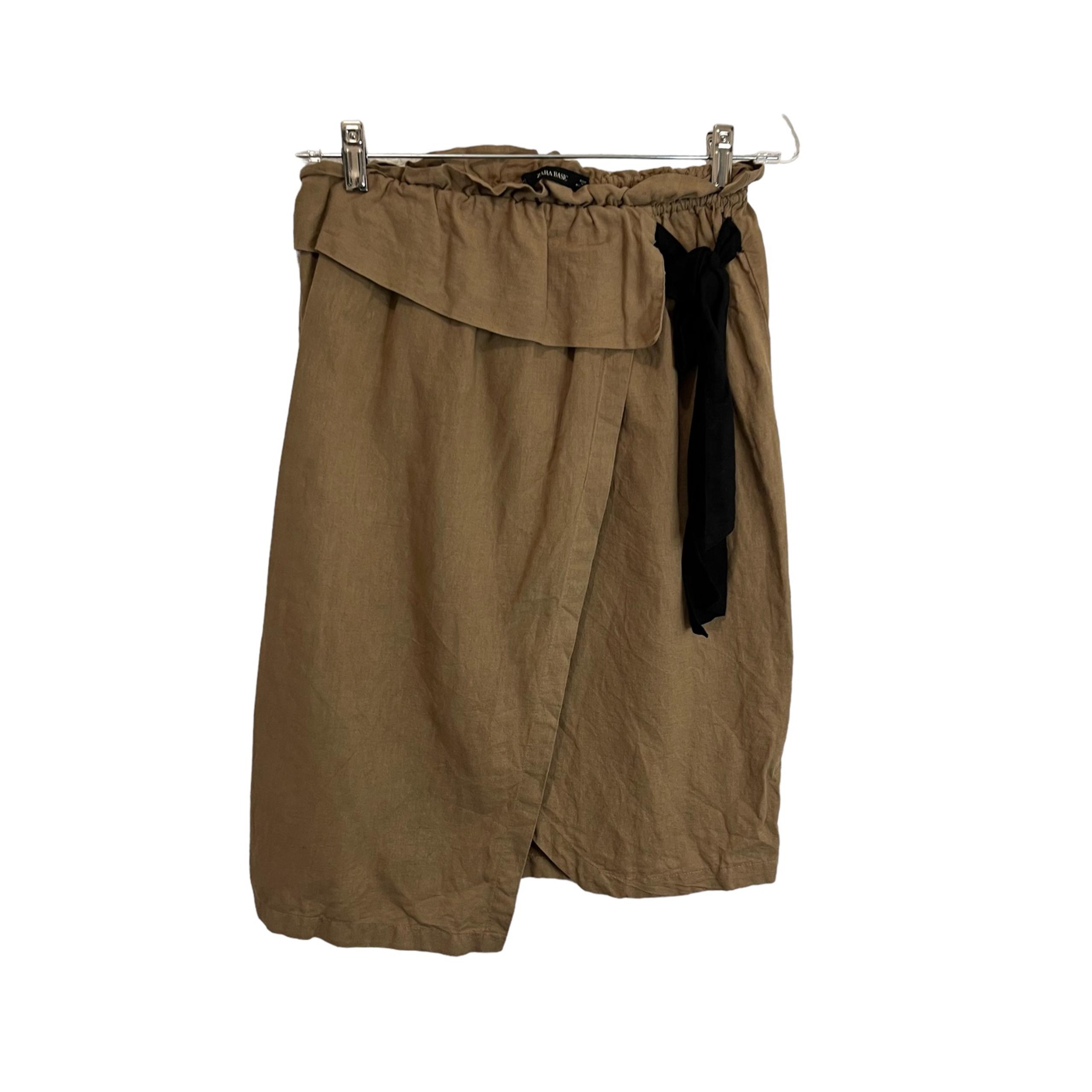 Zara Basic Linen Blend Faux Wrap Pull On Black Tie Belt Tan Skirt Womens Size S