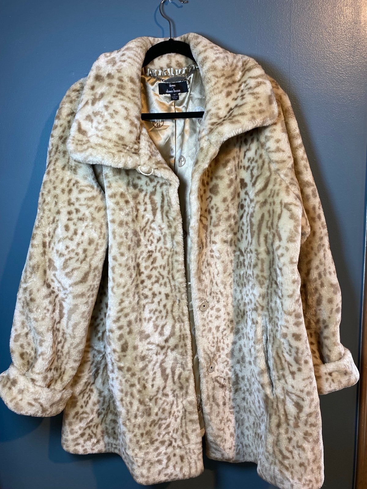Dennis Basso Faux Fur Snow Leopard Coat 1X