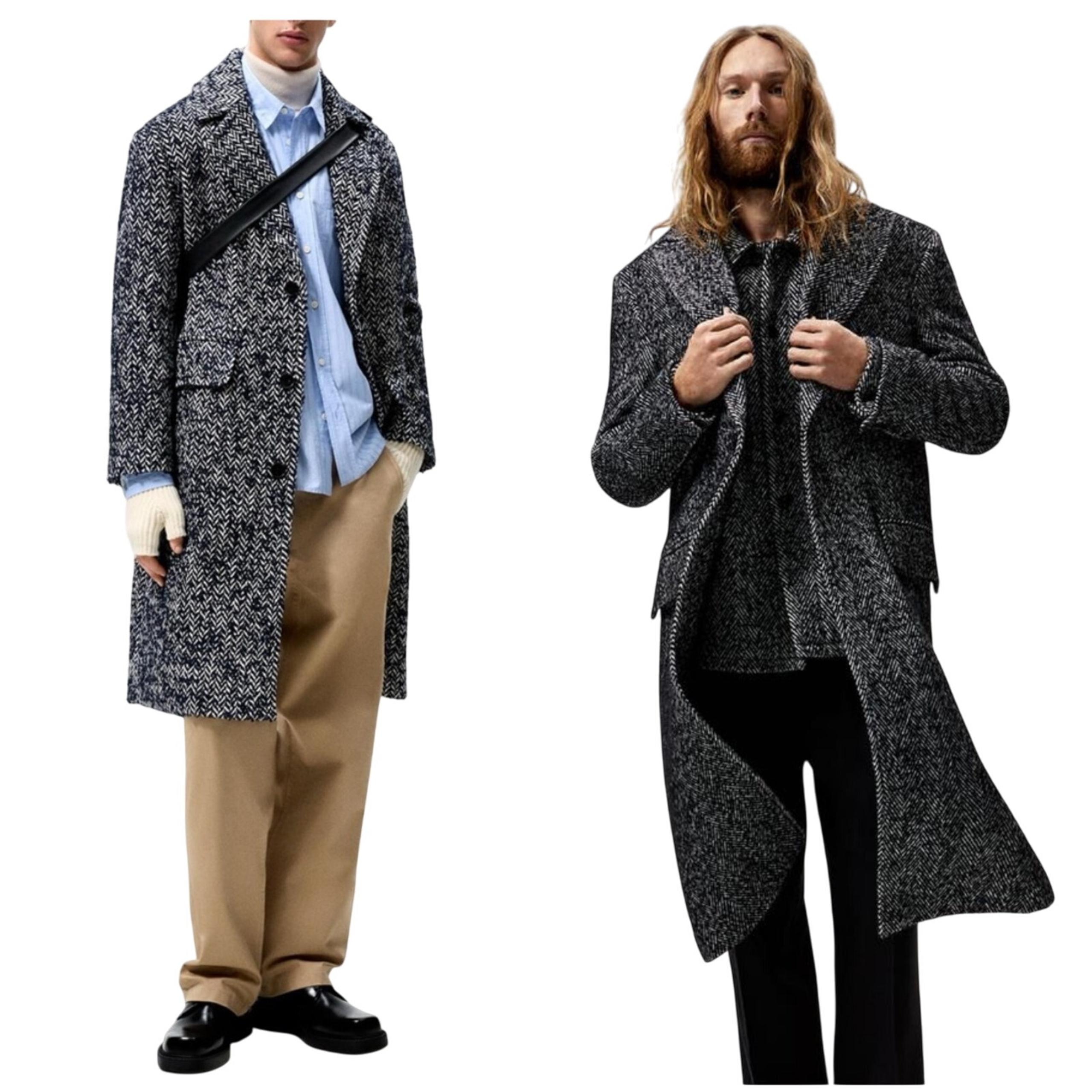 Zara Man Trench Coat Textured Herringbone Wool Button Collared Black White S