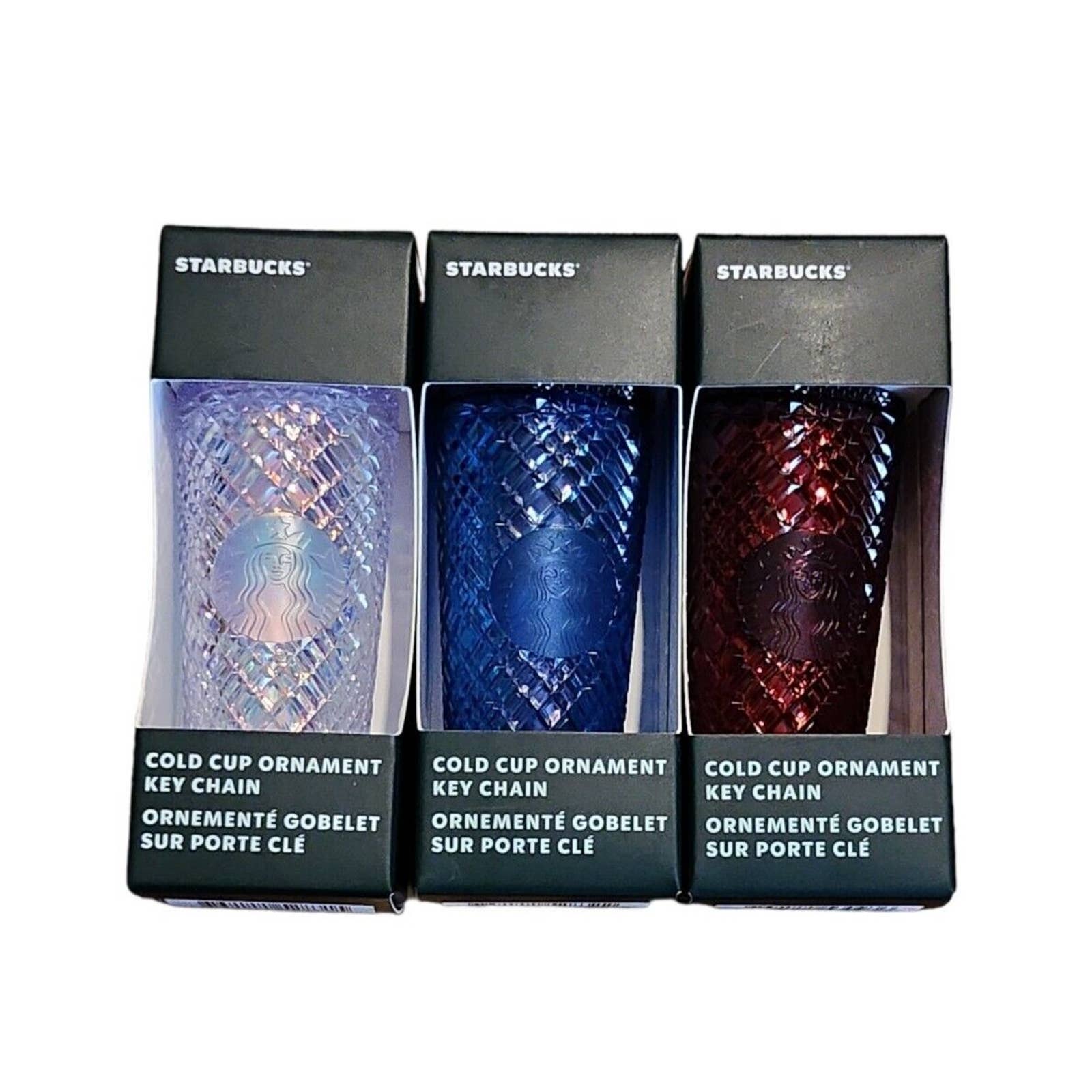 3 Starbucks 2022 Jeweled Tumbler Keychains Blue Azure White Clear Red Merlot Set