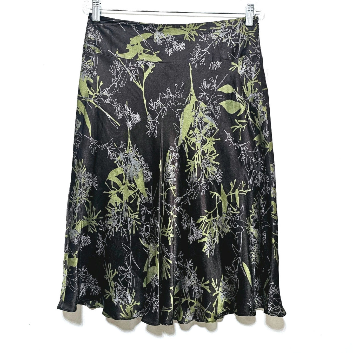 CALVIN KLEIN 100% Silk A-Line Skirt All Over Print Brown Green Earthy Size 8 NWT