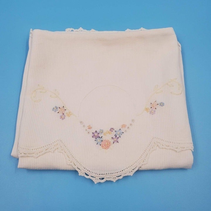 Vintage Floral Hand Embroidered White Cotton Curtain Wall Hanging 31 long x 23