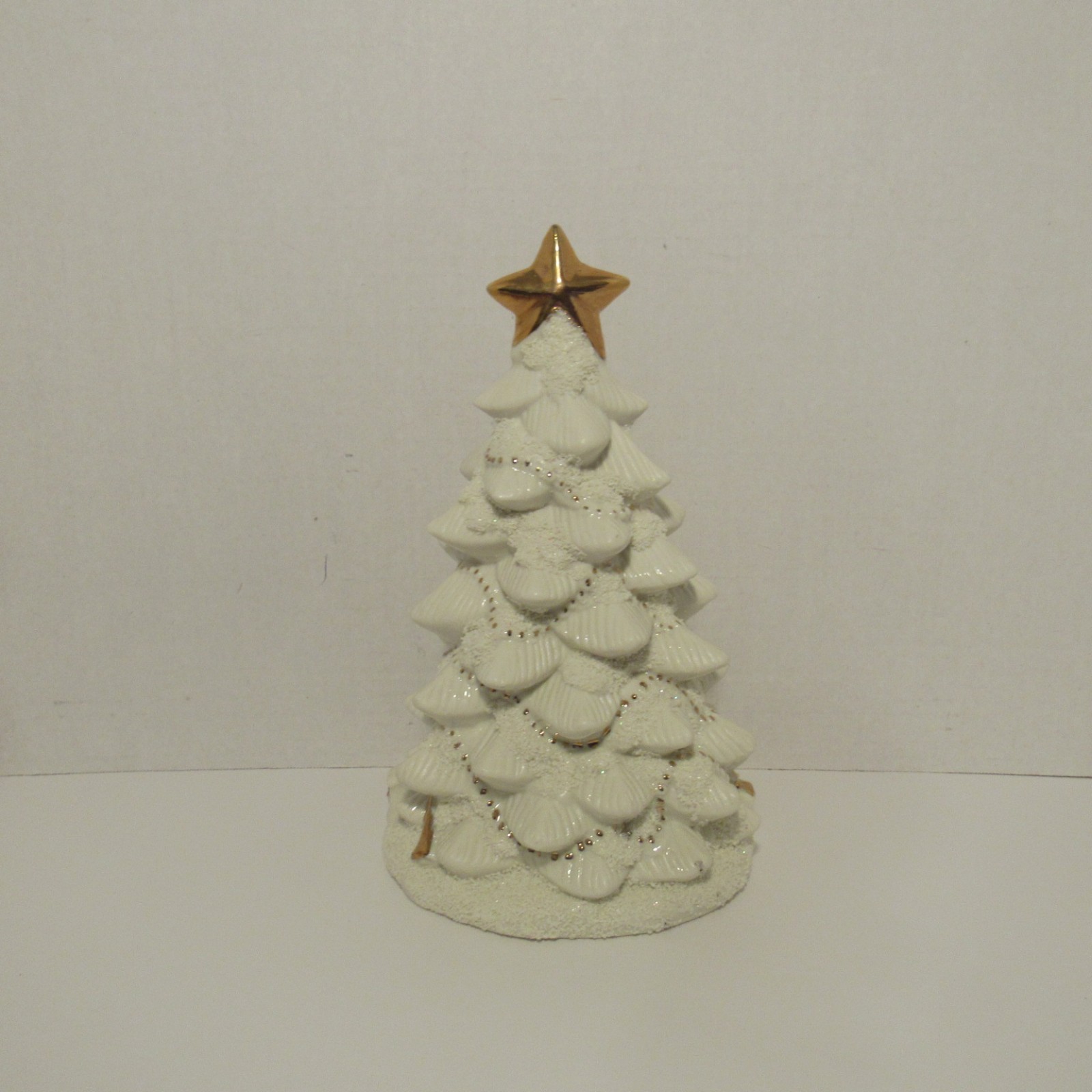 Vintage White Ceramic Christmas Tree w/Gold Str Topper & Embellishments, L 9
