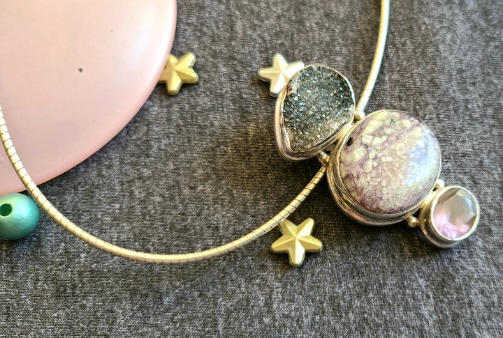 Vintage Sterling Silver Grey Druzy/Amethyst Natural Stone Pendant Necklace