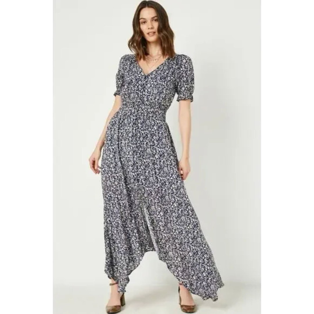 Hayden Los Angeles Blue Floral Ruched Waist Maxi Button Up Kerchief Hem Dress S