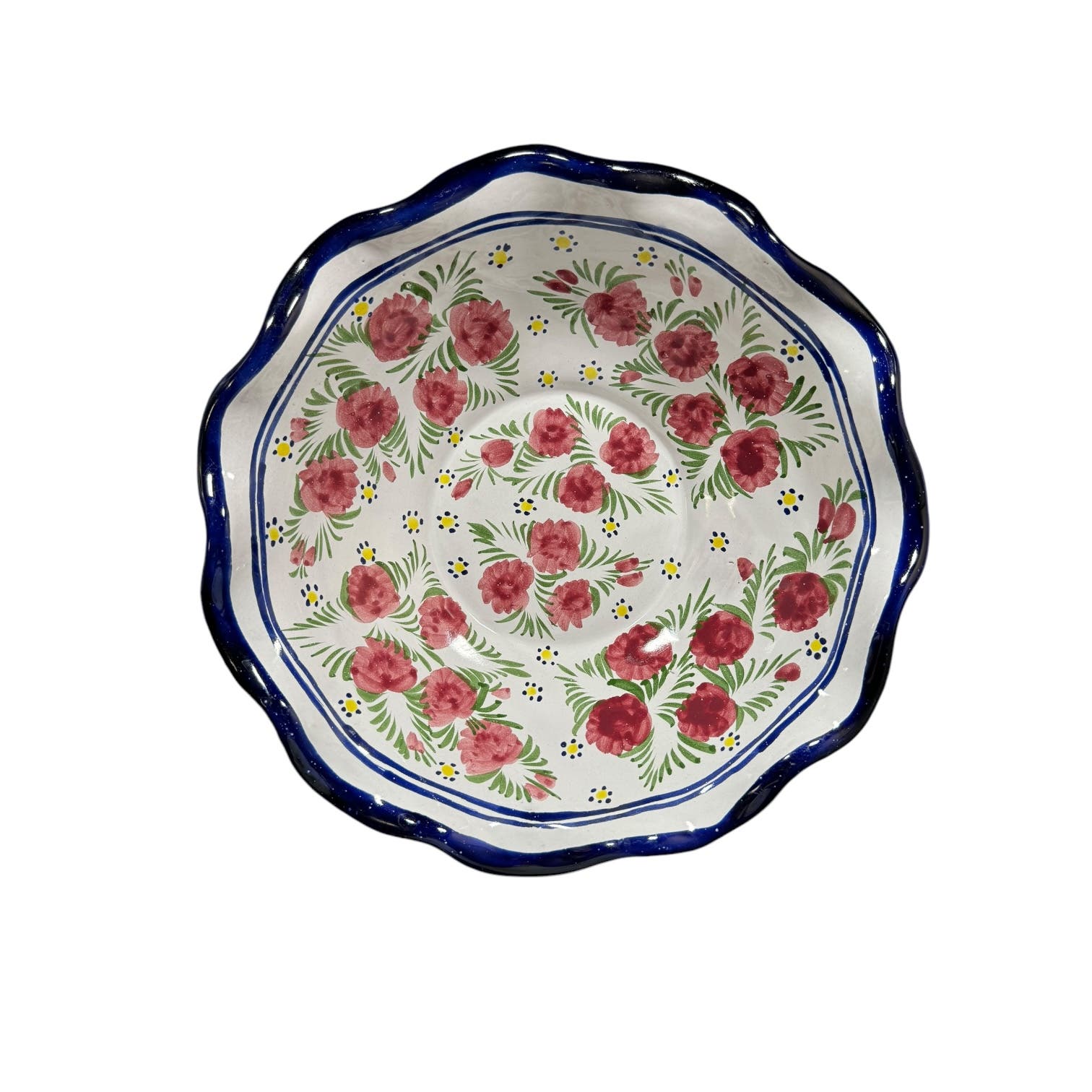Mexican Pottery Large Red Peony Flower Serving Bowl Hand Painted