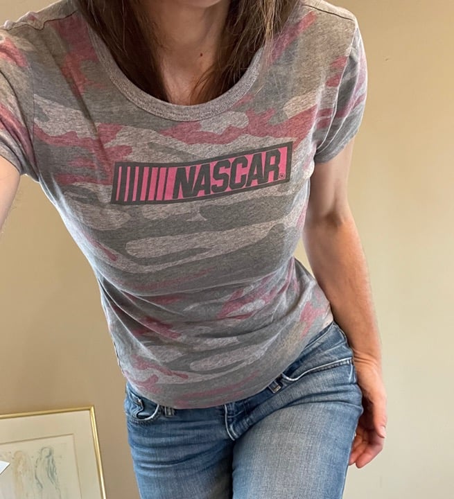Pink and grey camo Nascar T shirt Y2K, cotton poly blend, size small