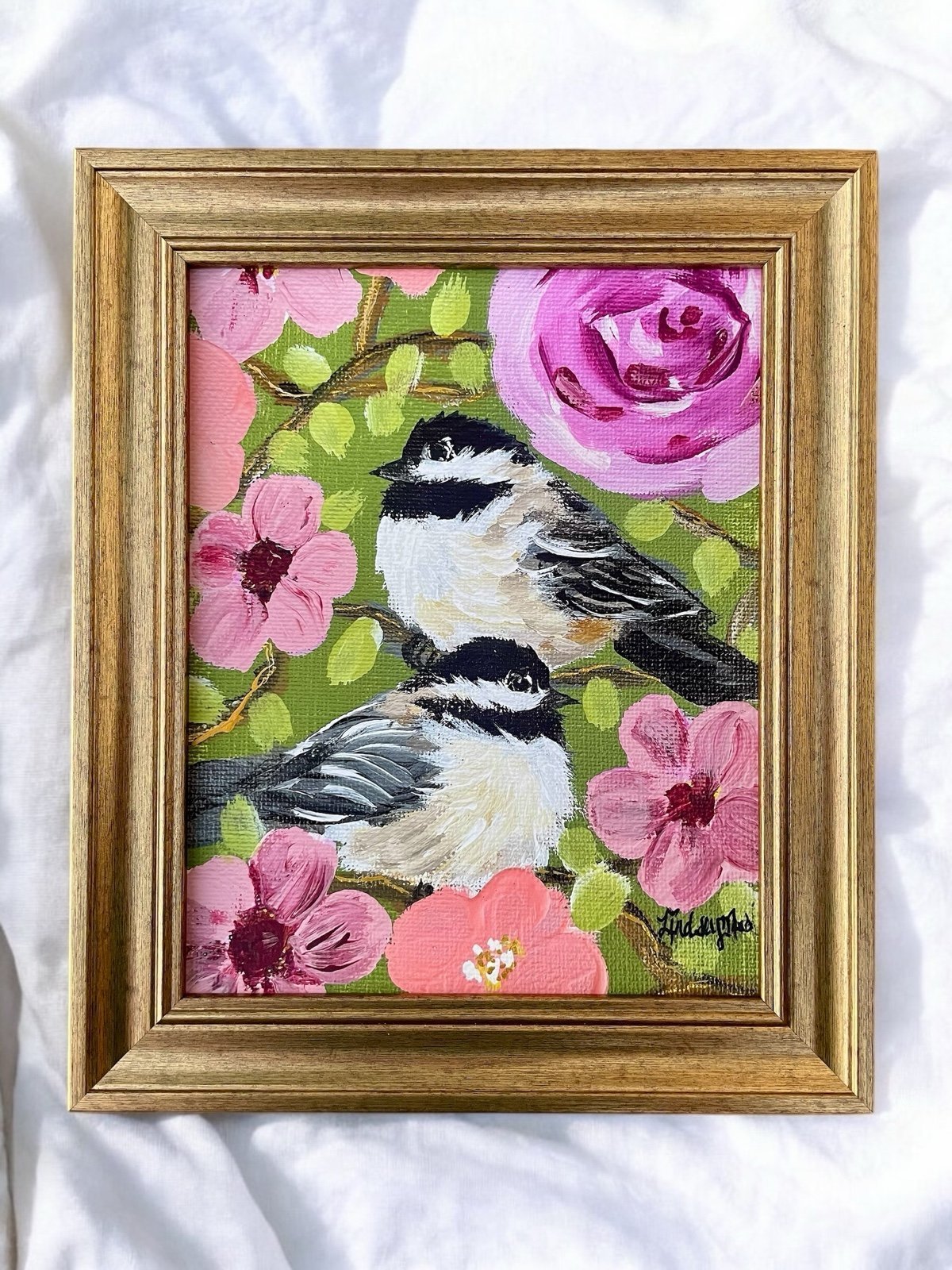 Pink Roses & Chickadees, UNframed by artist, botanical art