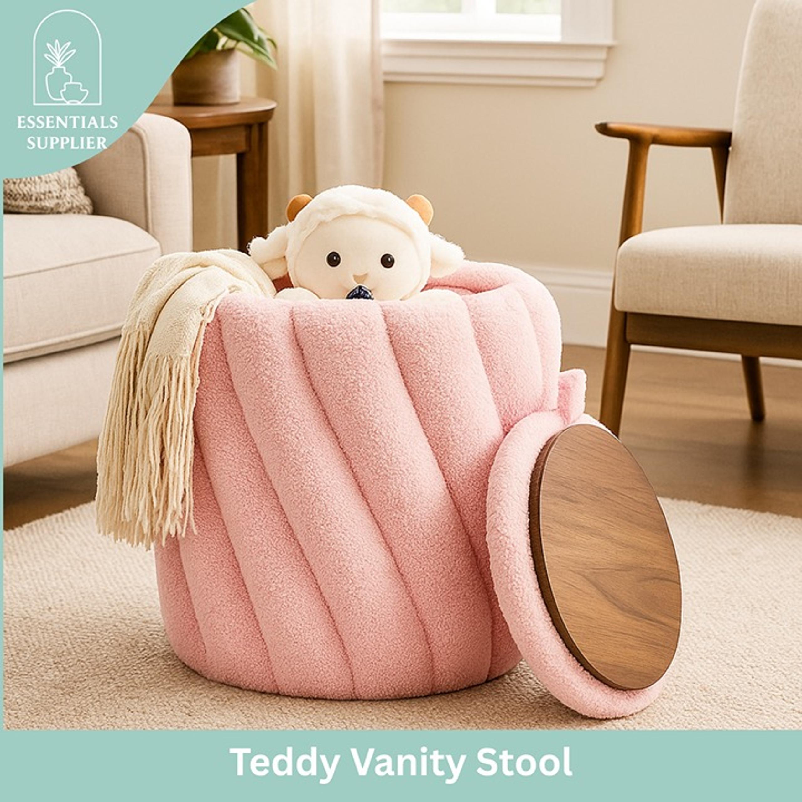 Teddy Velvet Ottoman with Storage, Round Padded Foot Stool for Makeup Room, Pink