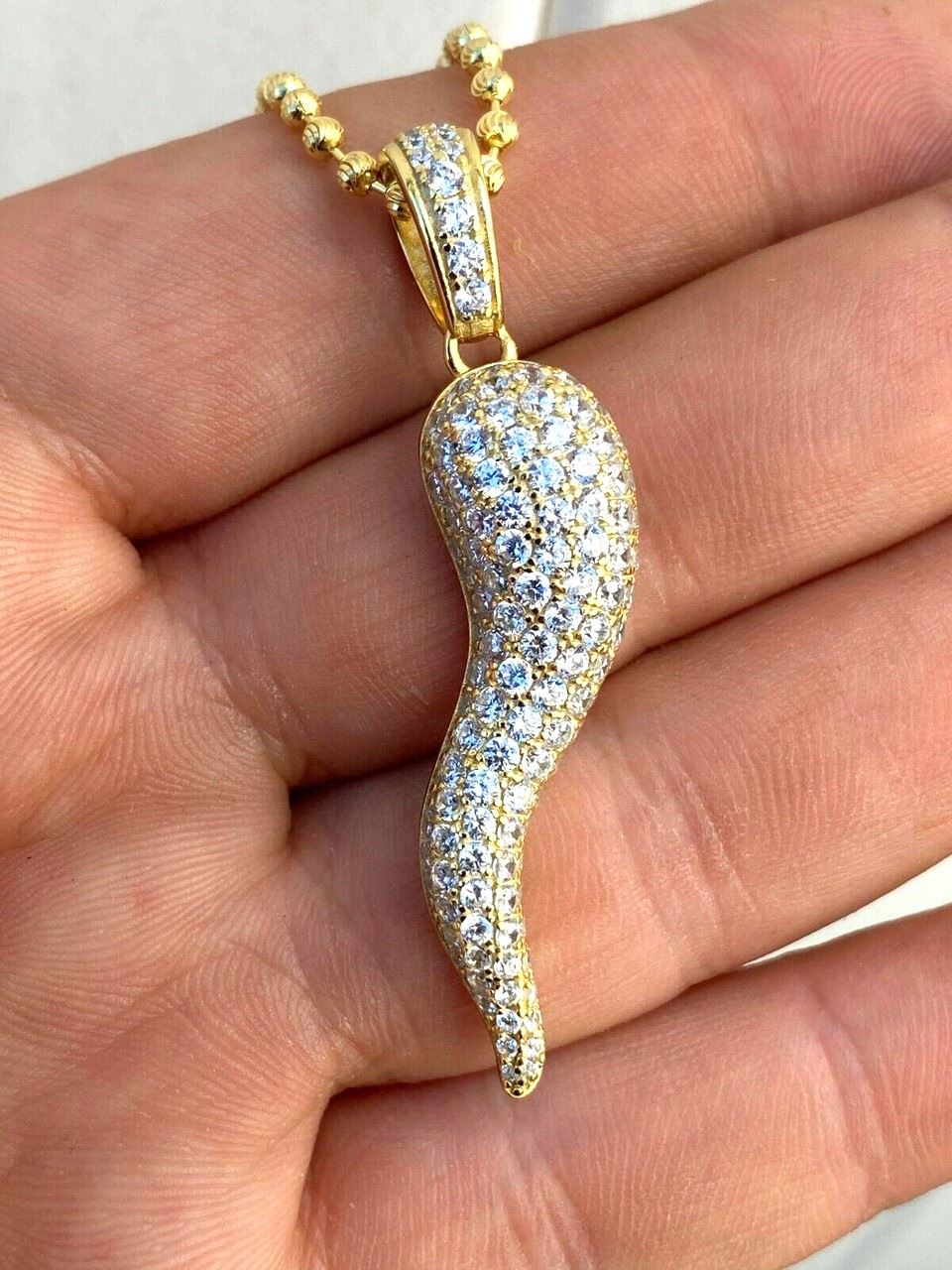 Gold ^ 925 Silver Iced Horn Pendant Iced 20" Moon Chain