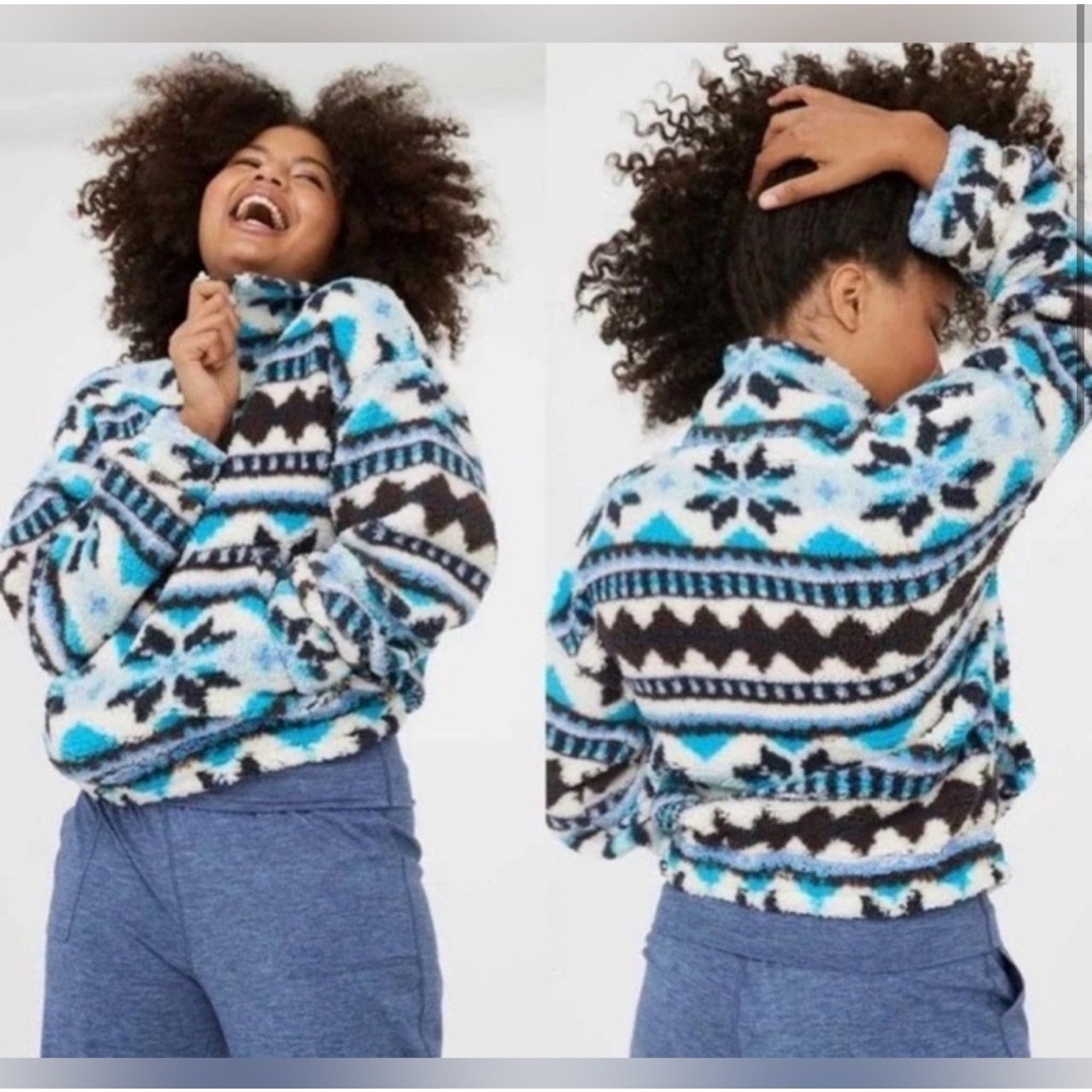 OFFLINE BY AERIE Womens Sherpa Fleece Pullover Fair Isle Print Quarter Zip Small