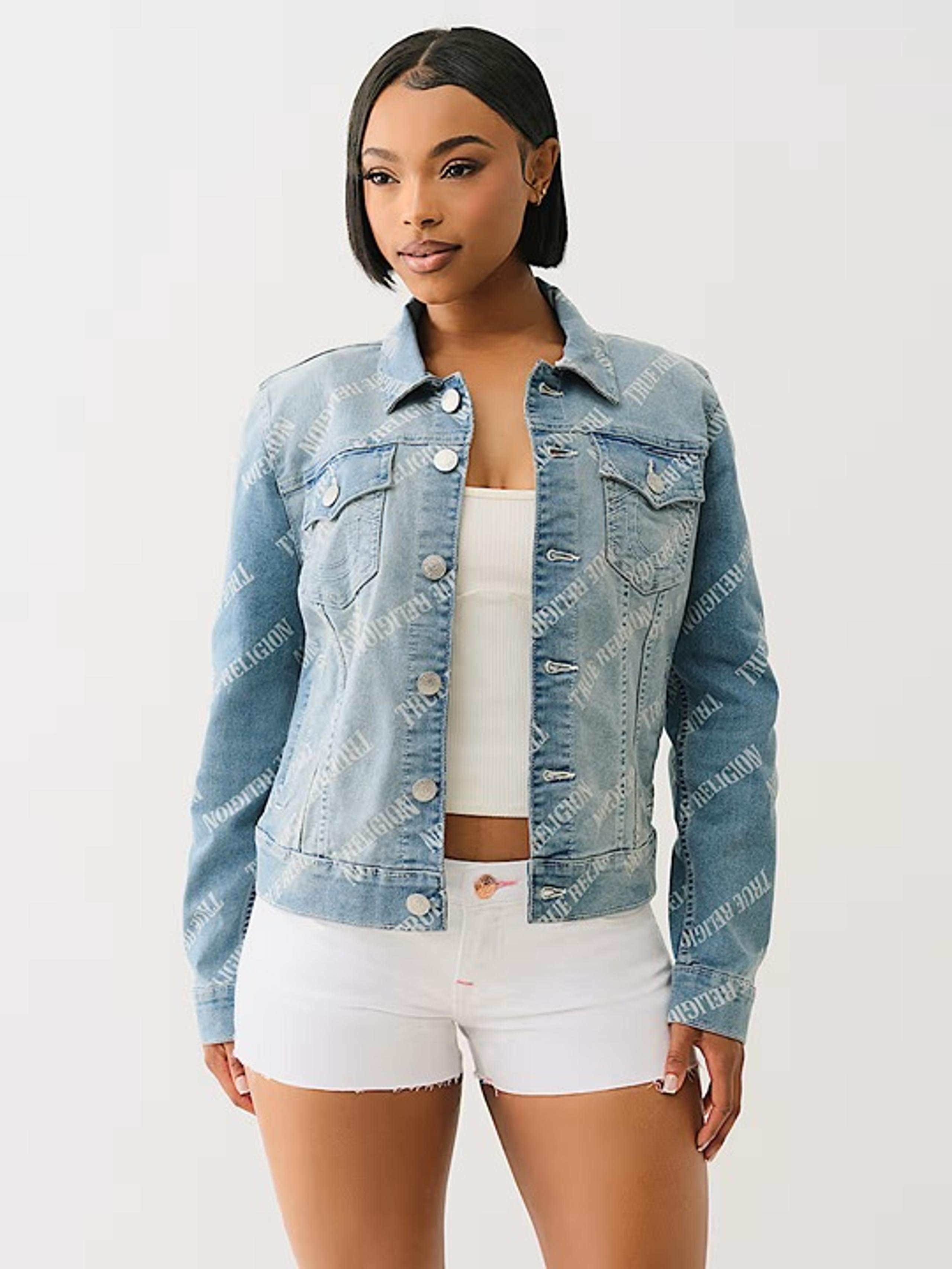 True Religion Women’s Allover Logo Trucker Denim Jacket, Size Medium (New)