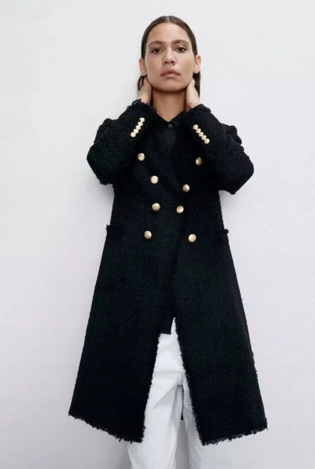 Zara Black Double-Breasted Tweed Coat Blogger’s Favorite M